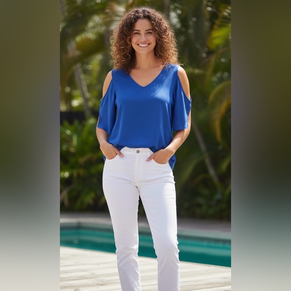 Lush Royal Blue V-neck Cold Shoulder Dolman Sleeve Blouse, size S.